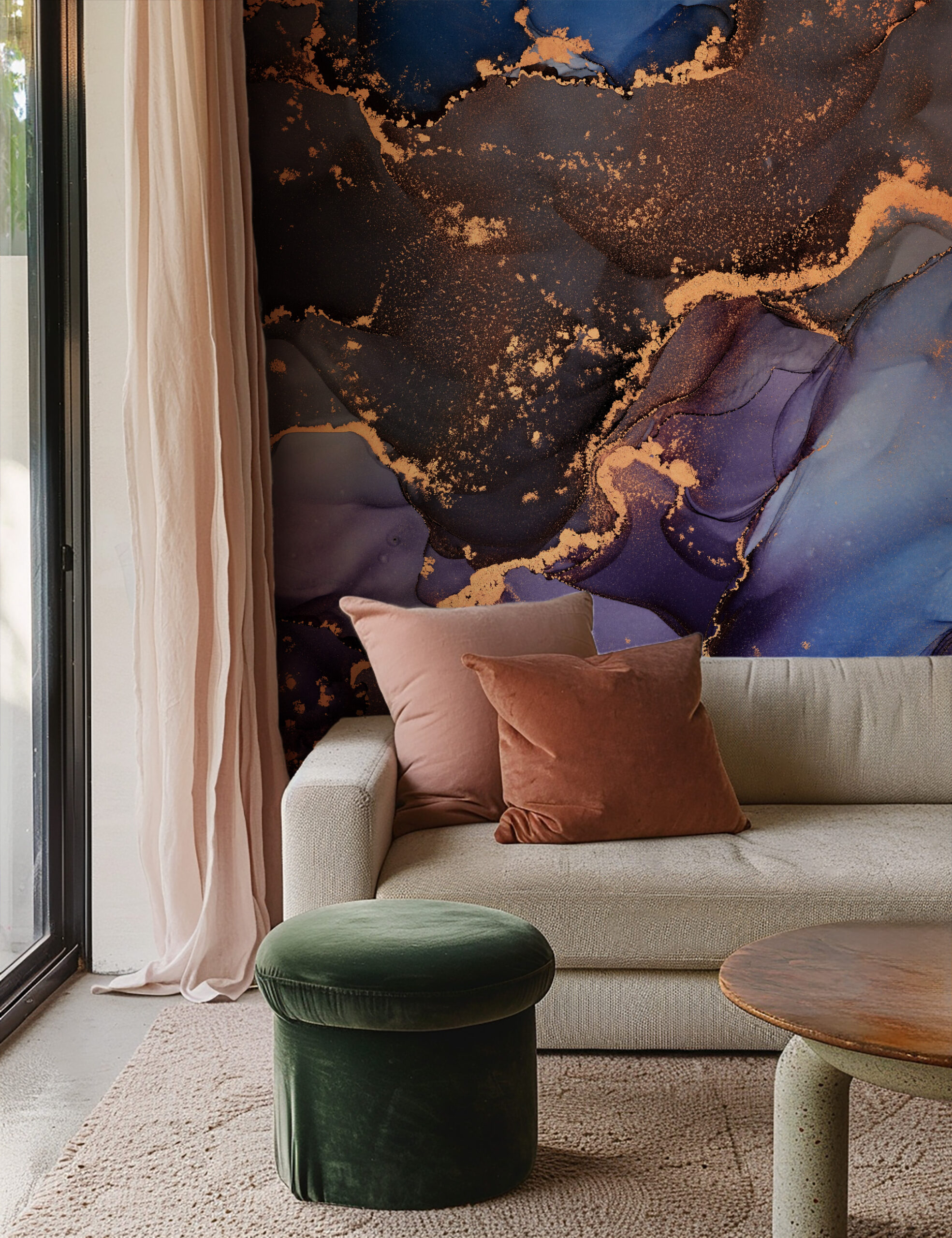 Luxury Purple and Navy Alcohol Ink Peel and Stick Wallpaper, Abstract Gold Vein Wall Mural, Modern Artistic Interior Decor