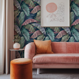 Moody Pink and Teal Tropical Leaves Peel and Stick Wallpaper, Bold Botanical Navy Wall Mural