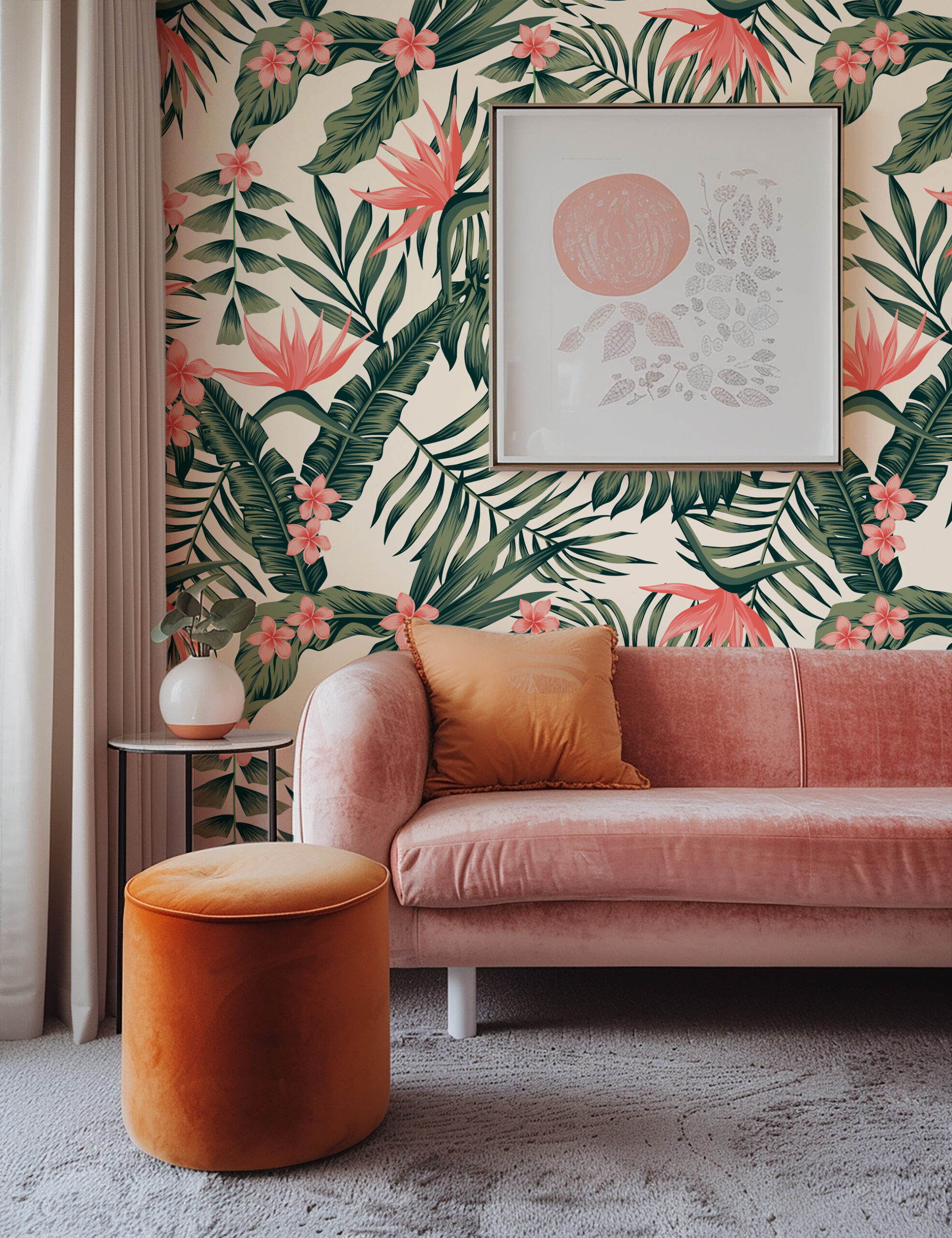 Modern Pink and Green Bird of Paradise Tropical Peel and Stick Wallpaper, Bold Botanical Monstera Wall Mural