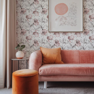 Soft Watercolor Pink Floral Peel and Stick Wallpaper, Elegant Dusty Rose Botanical Wall Mural, Delicate Flower Removable Wall Decor