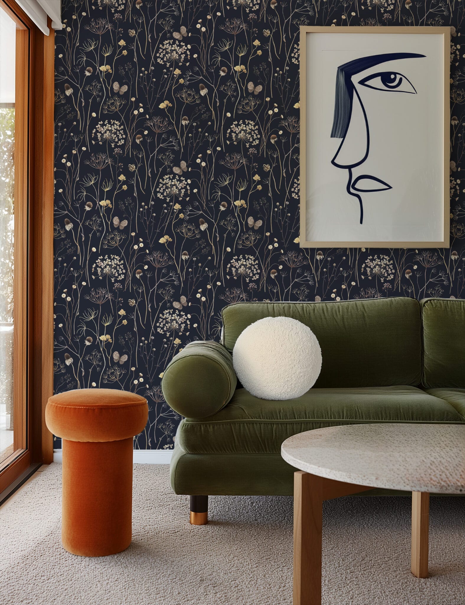 Navy Blue Vintage Botanical Wildflower Sketch Peel and Stick Wallpaper ...