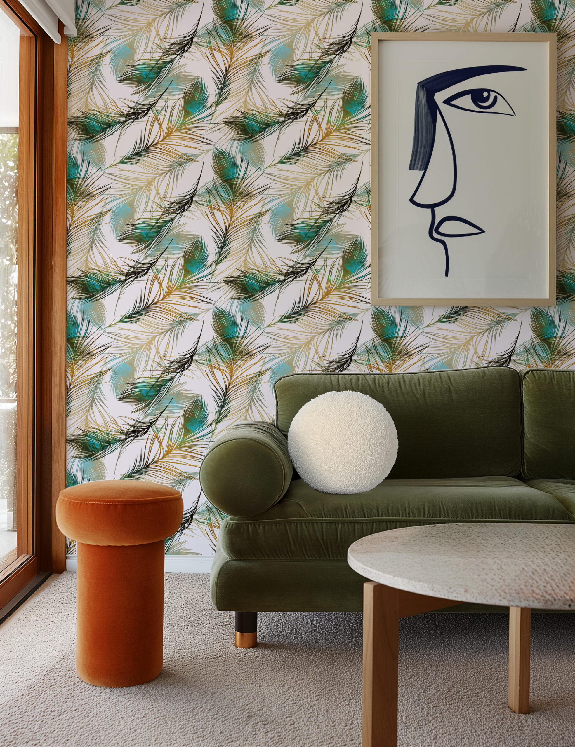 Modern Peacock Feather Peel and Stick Wallpaper, Elegant Teal and Gold Botanical Wall Mural