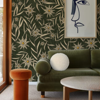 Vintage Dark Green Starflower Peel and Stick Wallpaper, Earthy Botanical Wall Mural, Retro Olive Green Floral Decor