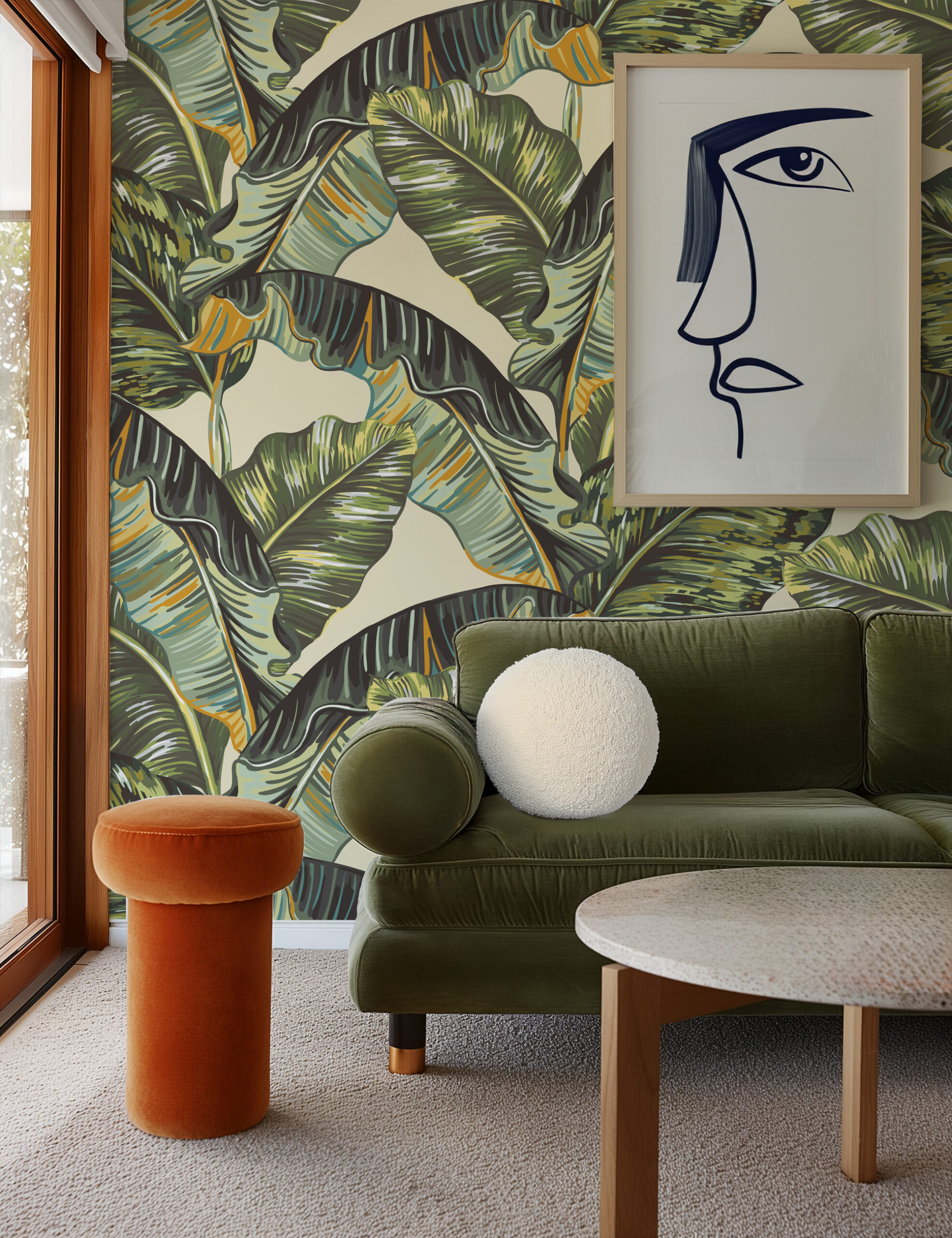 Modern Colorful Banana Leaf Peel and Stick Wallpaper, Bold Tropical Botanical Bathroom Wall Mural