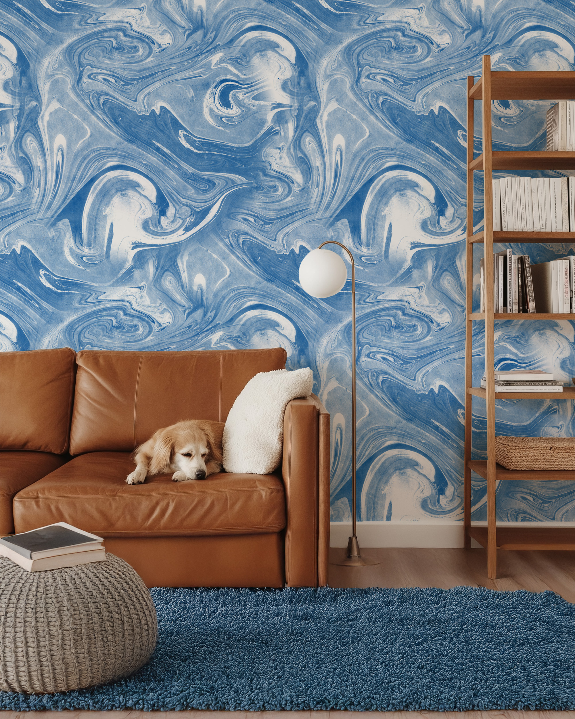 Azure Blue and White Fluid Marble Ink Peel and Stick Wallpaper, Suminagashi Style Wall Mural, Modern Artistic Interior