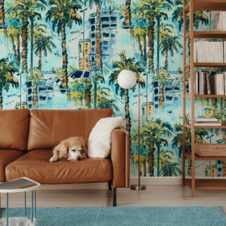 Modern Watercolor Tropical Palm Tree and City Peel and Stick Wallpaper, Artistic Coastal Living Room Wall Mural