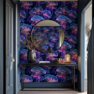 Mystical Navy Blue Jellyfish Peel and Stick Wallpaper, Ethereal Under the Sea Wall Mural, Dark Marine Life Home Decor