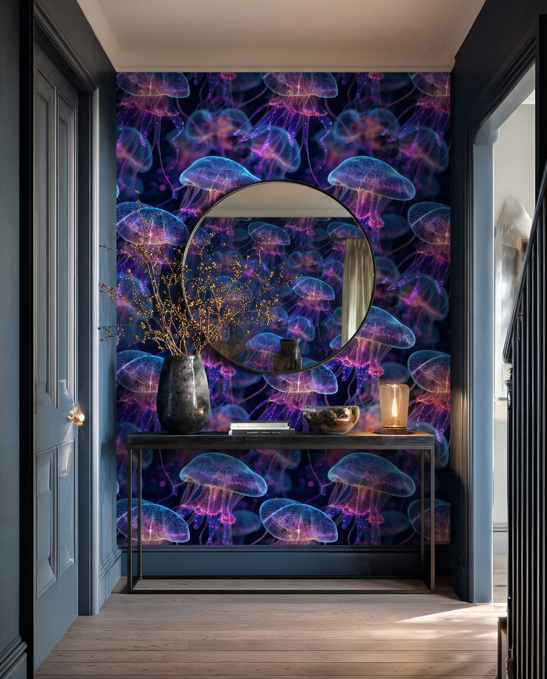 Mystical Navy Blue Jellyfish Peel and Stick Wallpaper, Ethereal Under the Sea Wall Mural, Dark Marine Life Home Decor