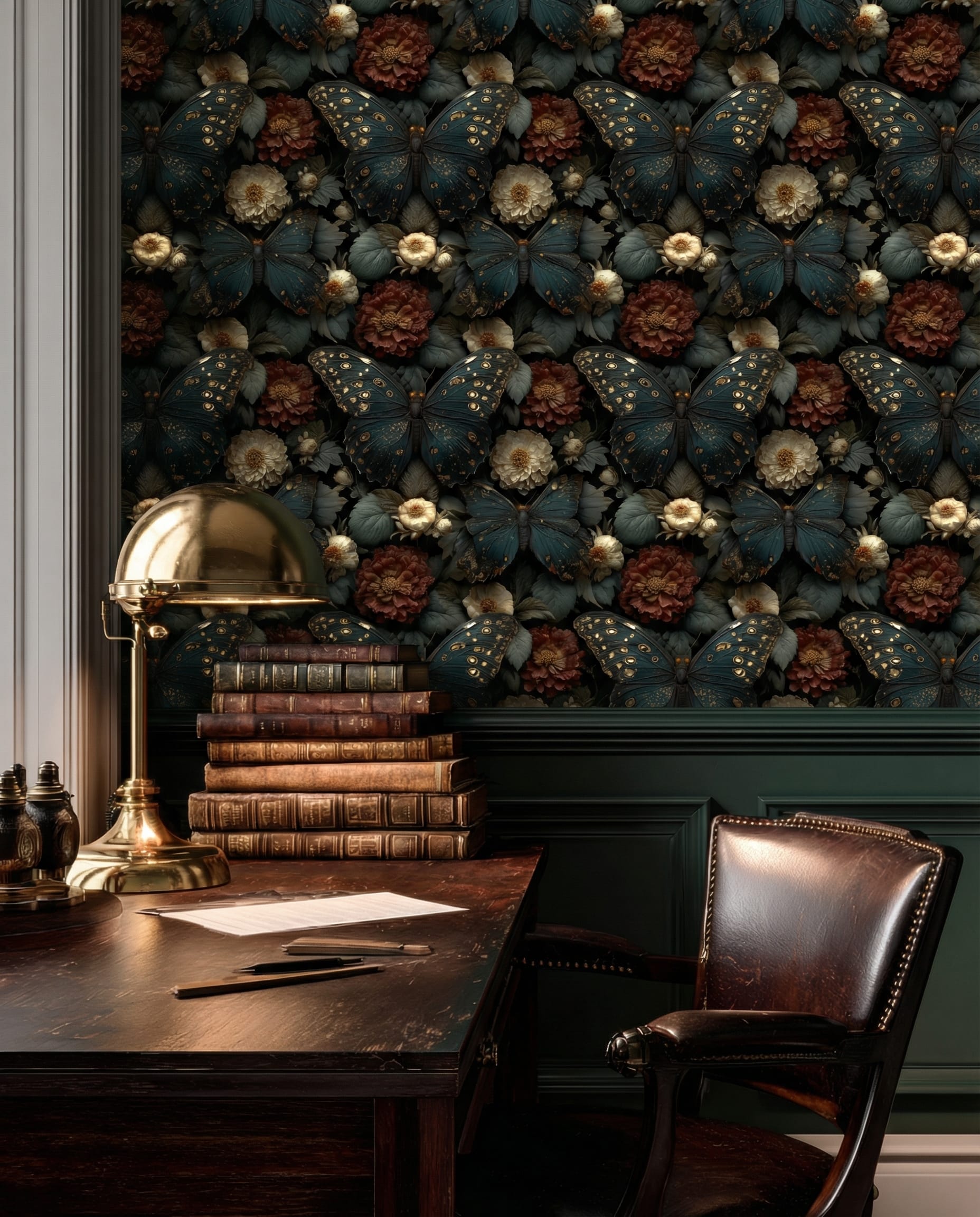 Moody Dark Academia Butterfly Wallpaper, Vintage Botanical Floral Wall Mural, Deep Emerald and Burgundy Removable Wallpaper
