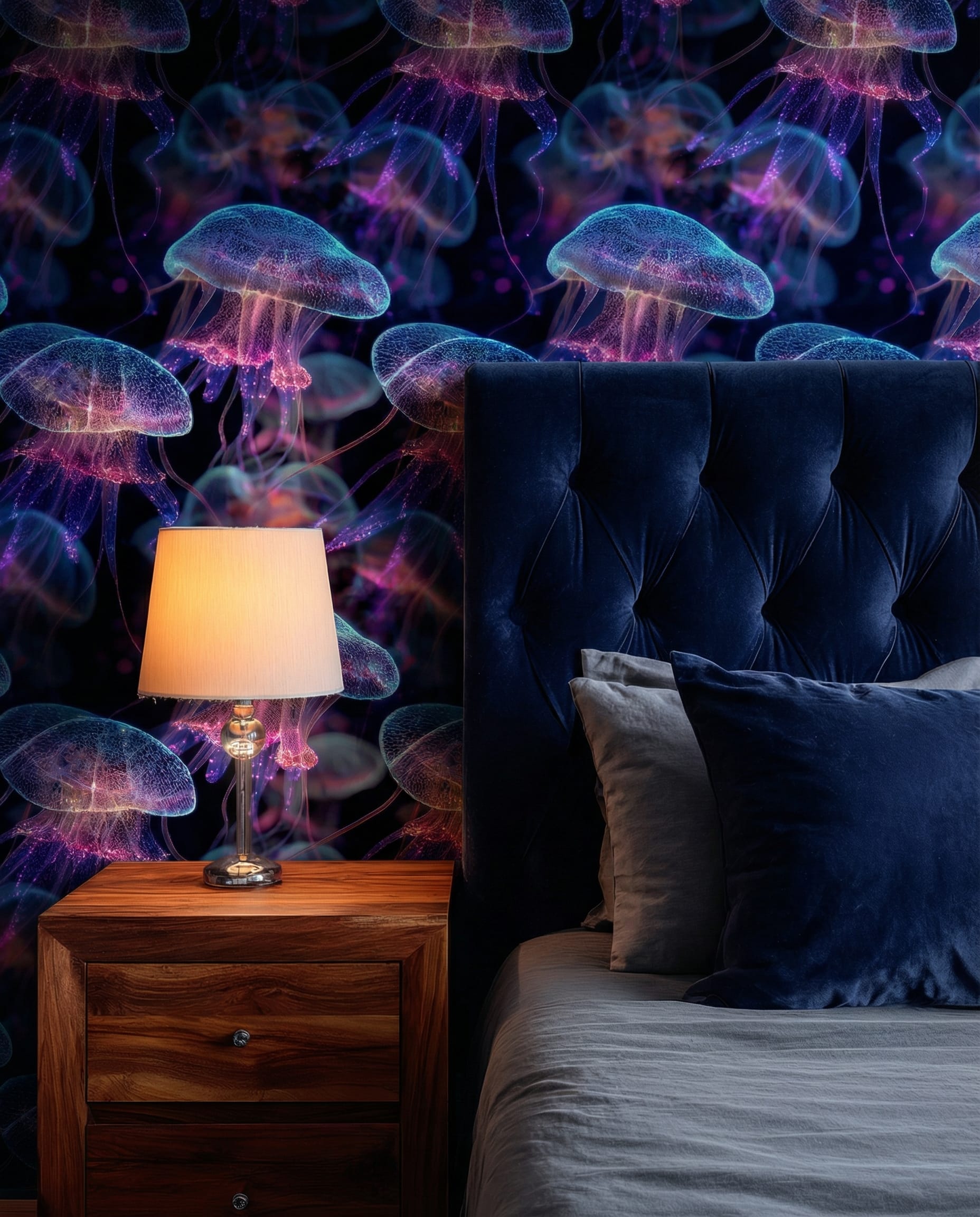 Mystical Navy Blue Jellyfish Peel and Stick Wallpaper, Ethereal Under the Sea Wall Mural, Dark Marine Life Home Decor