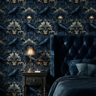 Gothic Crow and Skull Damask Peel and Stick Wallpaper, Dark Academia Raven Wall Mural, Ornate Navy and Gold Removable Wallpaper