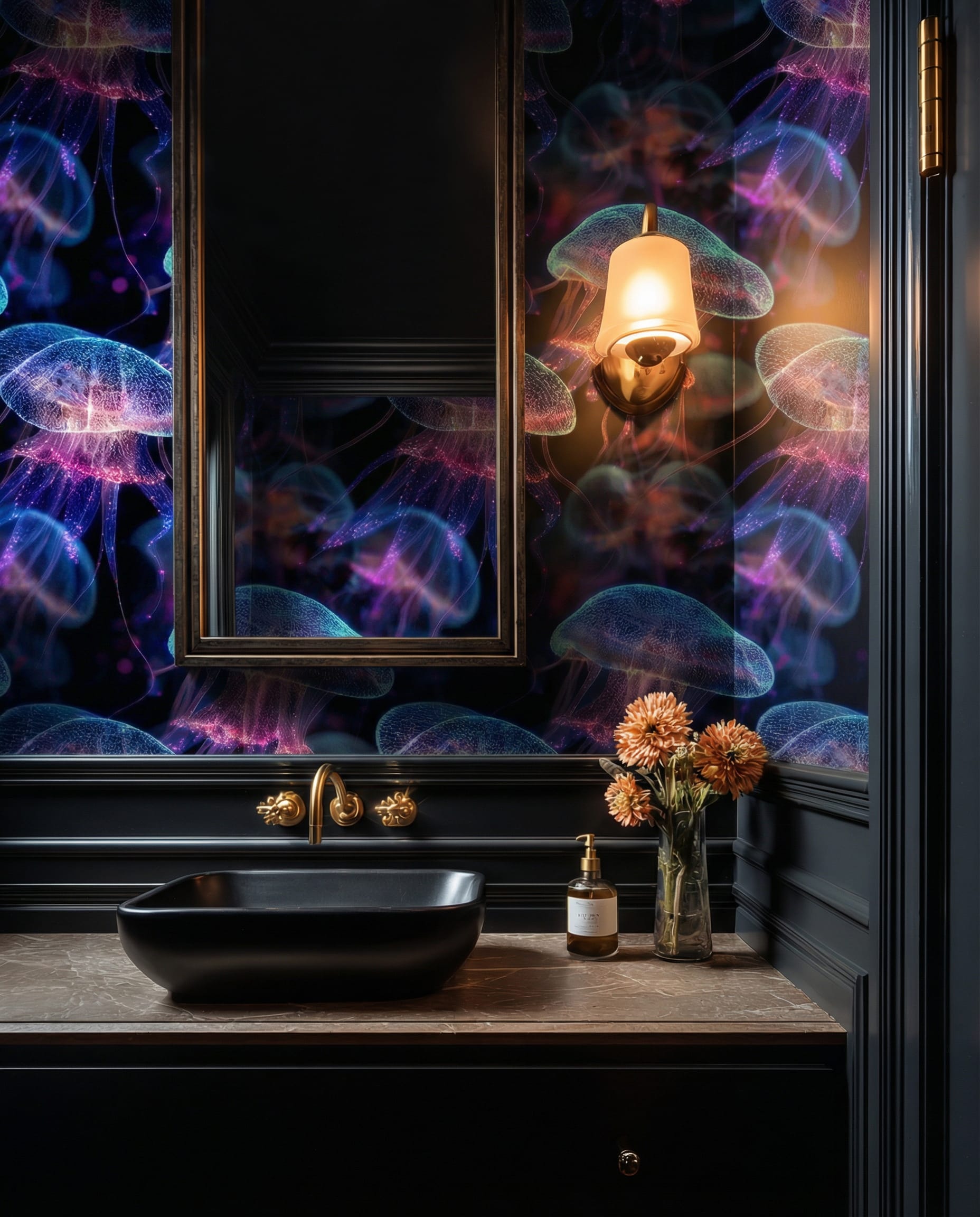 Mystical Navy Blue Jellyfish Peel and Stick Wallpaper, Ethereal Under the Sea Wall Mural, Dark Marine Life Home Decor