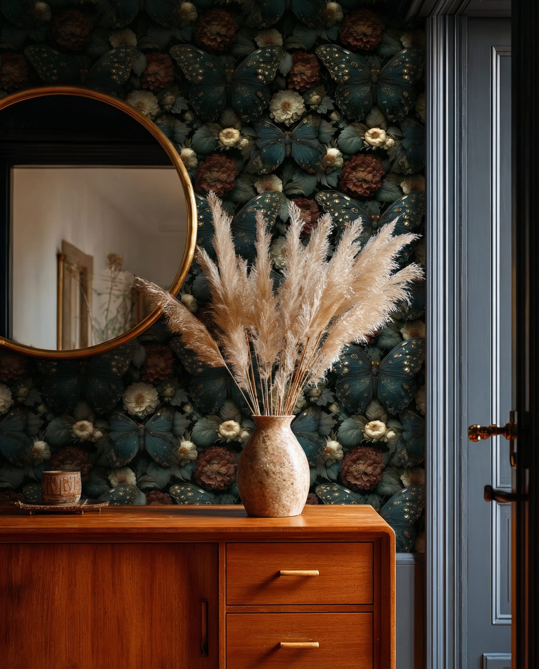 Moody Dark Academia Butterfly Wallpaper, Vintage Botanical Floral Wall Mural, Deep Emerald and Burgundy Removable Wallpaper