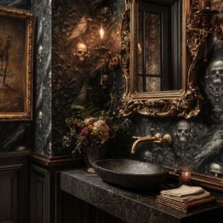 Moody Gothic Skull and Raven Damask Peel and Stick Wallpaper, 3D Effect Dark Academia Victorian Wall Mural