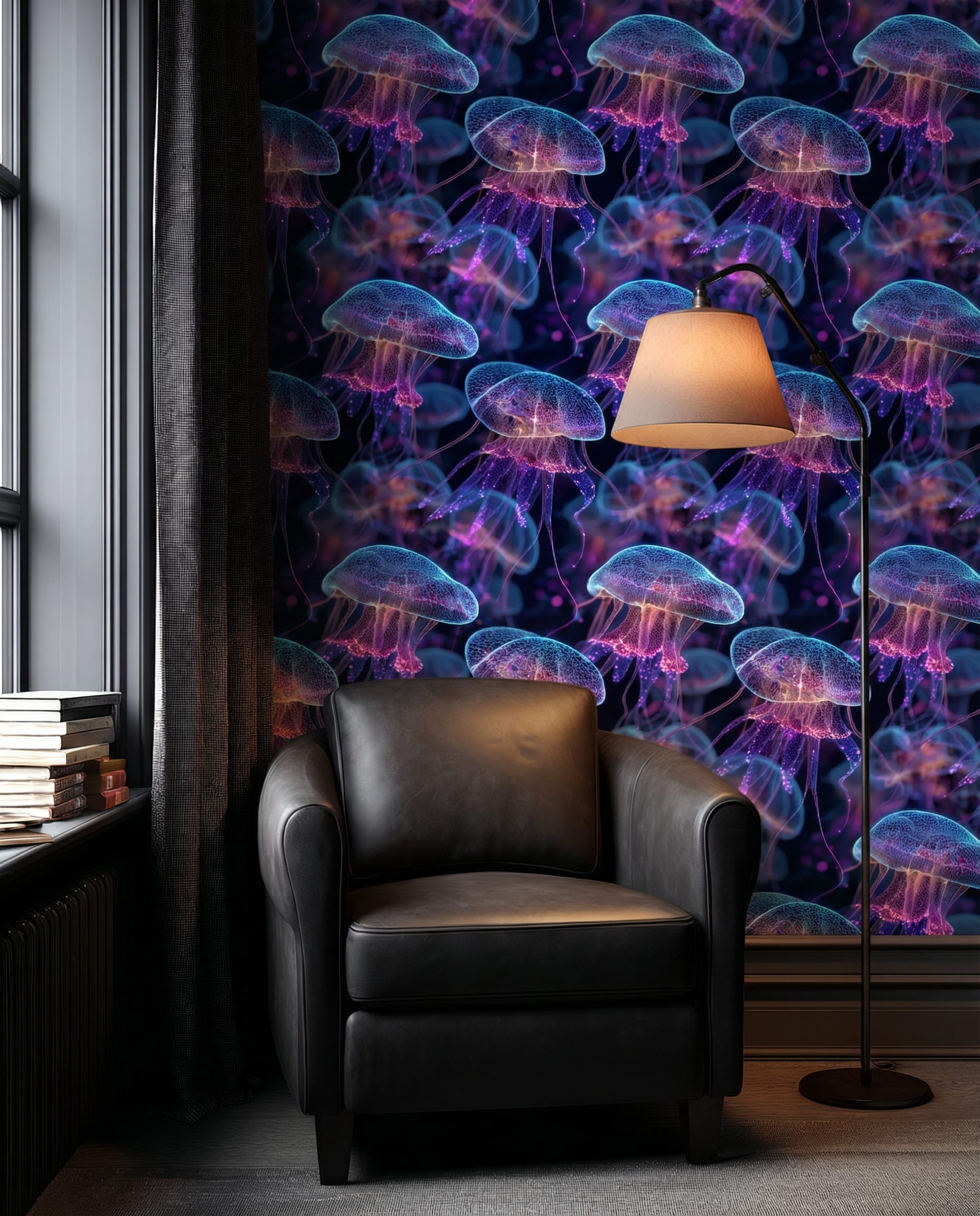 Mystical Navy Blue Jellyfish Peel and Stick Wallpaper, Ethereal Under the Sea Wall Mural, Dark Marine Life Home Decor