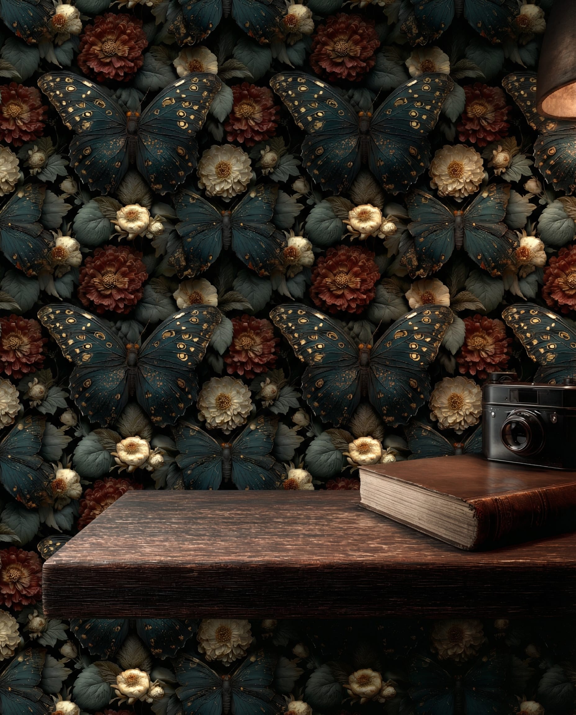 Moody Dark Academia Butterfly Wallpaper, Vintage Botanical Floral Wall Mural, Deep Emerald and Burgundy Removable Wallpaper