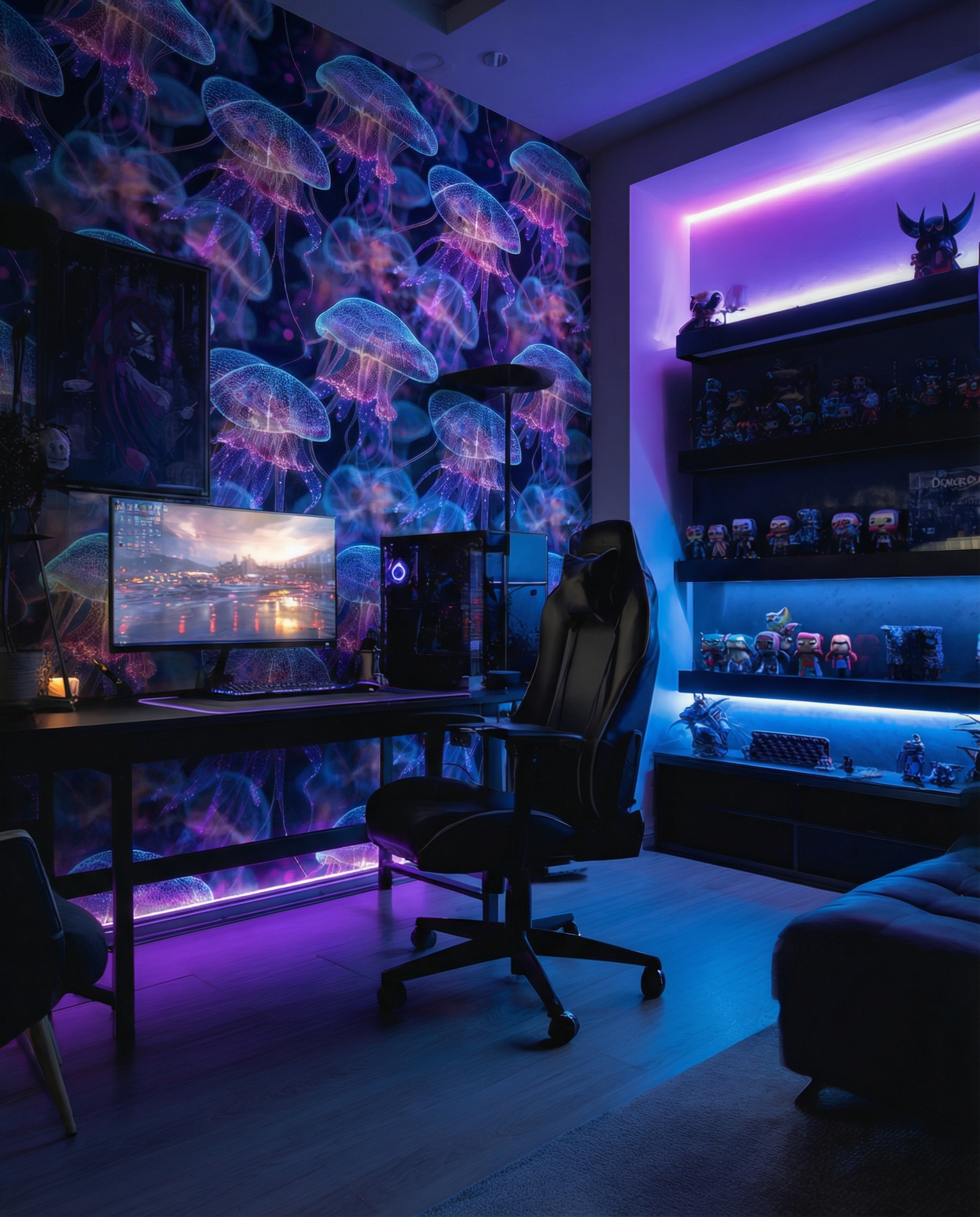 Mystical Navy Blue Jellyfish Peel and Stick Wallpaper, Ethereal Under the Sea Wall Mural, Dark Marine Life Home Decor