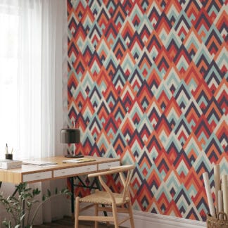 Retro 70s Geometric Chevron Peel and Stick Wallpaper, Burnt Orange and Teal Mid-Century Modern Wall Mural, Vibrant Abstract Decor