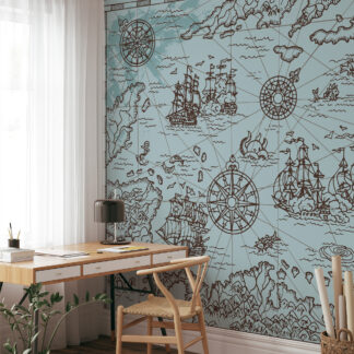 Modern Vintage Caribbean Sea Map Peel and Stick Wallpaper, Nautical Blue Line Art Office Wall Mural
