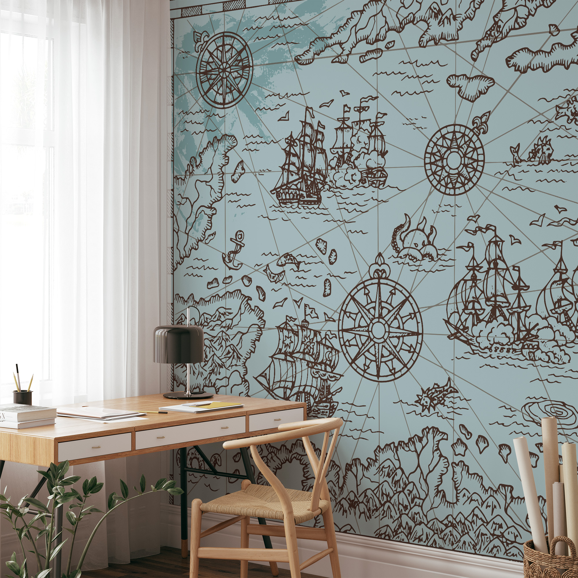 Modern Vintage Caribbean Sea Map Peel and Stick Wallpaper, Nautical Blue Line Art Office Wall Mural