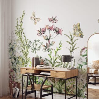 Watercolor Wildflower and Butterfly Peel and Stick Wallpaper, Ethereal Meadow Wall Mural, Artistic Modern Office Decor