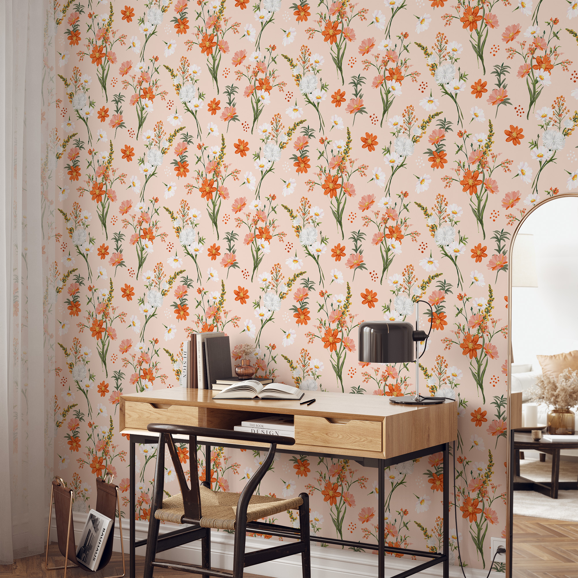 Warm Peach Wildflower Peel and Stick Wallpaper for Office, Elegant Botanical Meadow Wall Mural, Orange and White Floral Decor