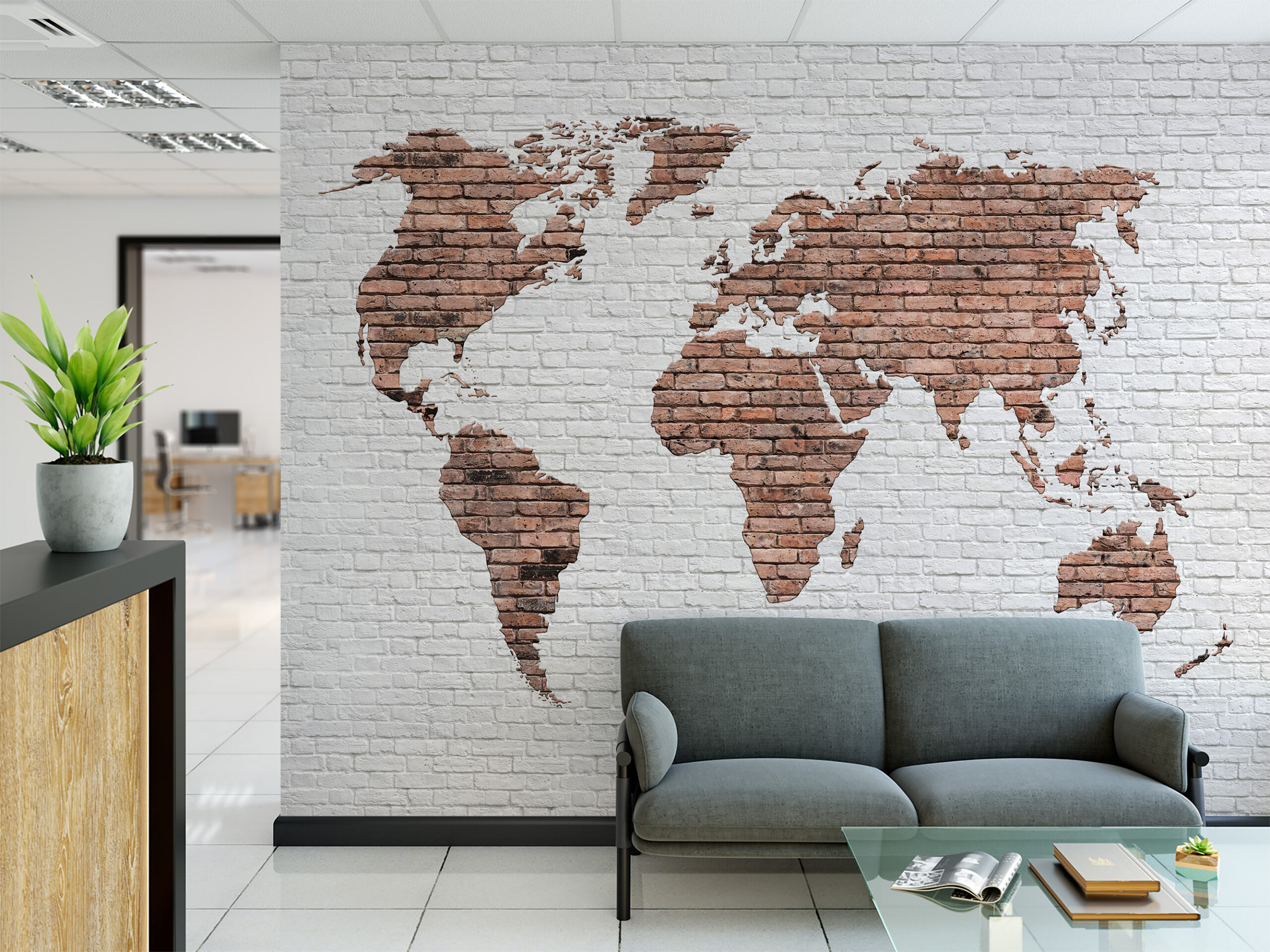 Modern Industrial Brick World Map Peel and Stick Wallpaper, Global Office Wall Mural
