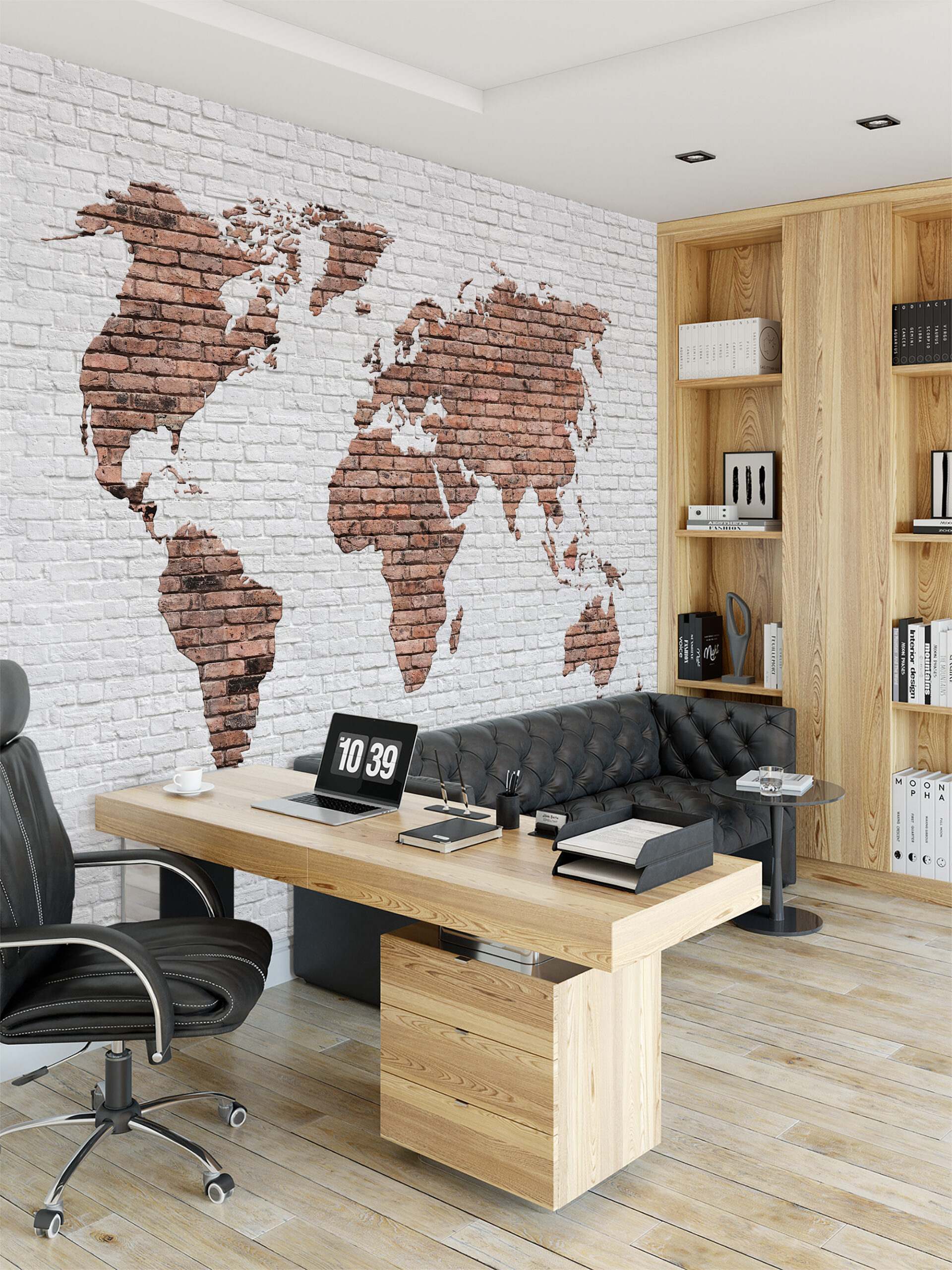 Modern Industrial Brick World Map Peel and Stick Wallpaper, Global Office Wall Mural