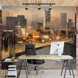 Modern Brooklyn Bridge Cityscape Peel and Stick Wallpaper, Artistic Gold and Brown Urban Office Wall Mural
