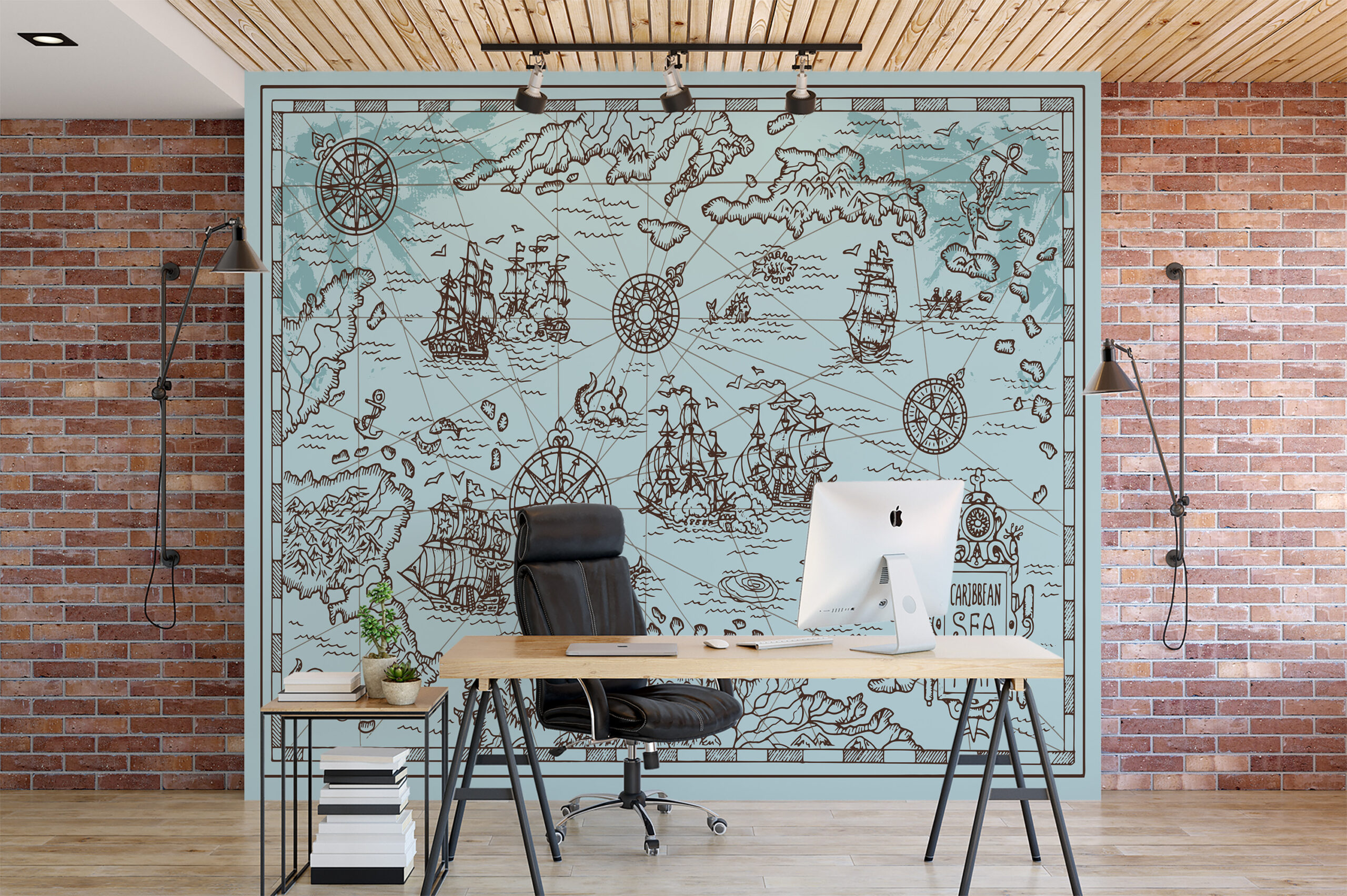 Modern Vintage Caribbean Sea Map Peel and Stick Wallpaper, Nautical Blue Line Art Office Wall Mural