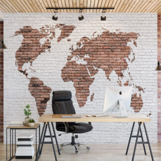 Modern Industrial Brick World Map Peel and Stick Wallpaper, Global Office Wall Mural