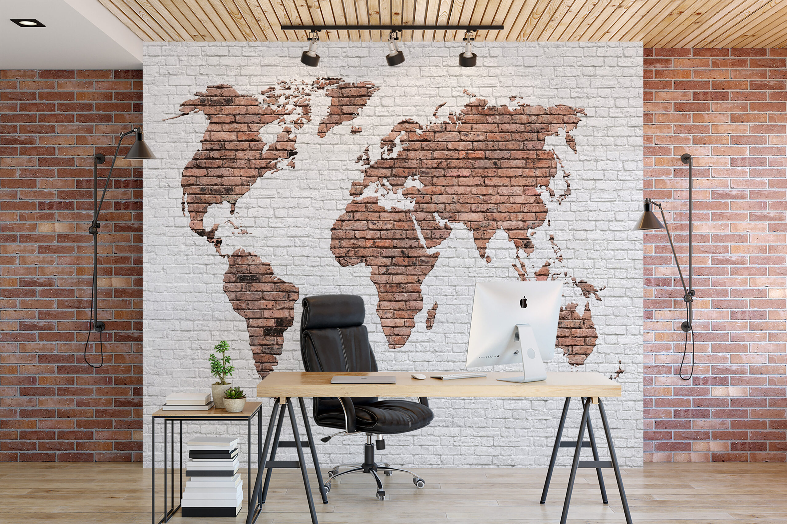 Modern Industrial Brick World Map Peel and Stick Wallpaper, Global Office Wall Mural