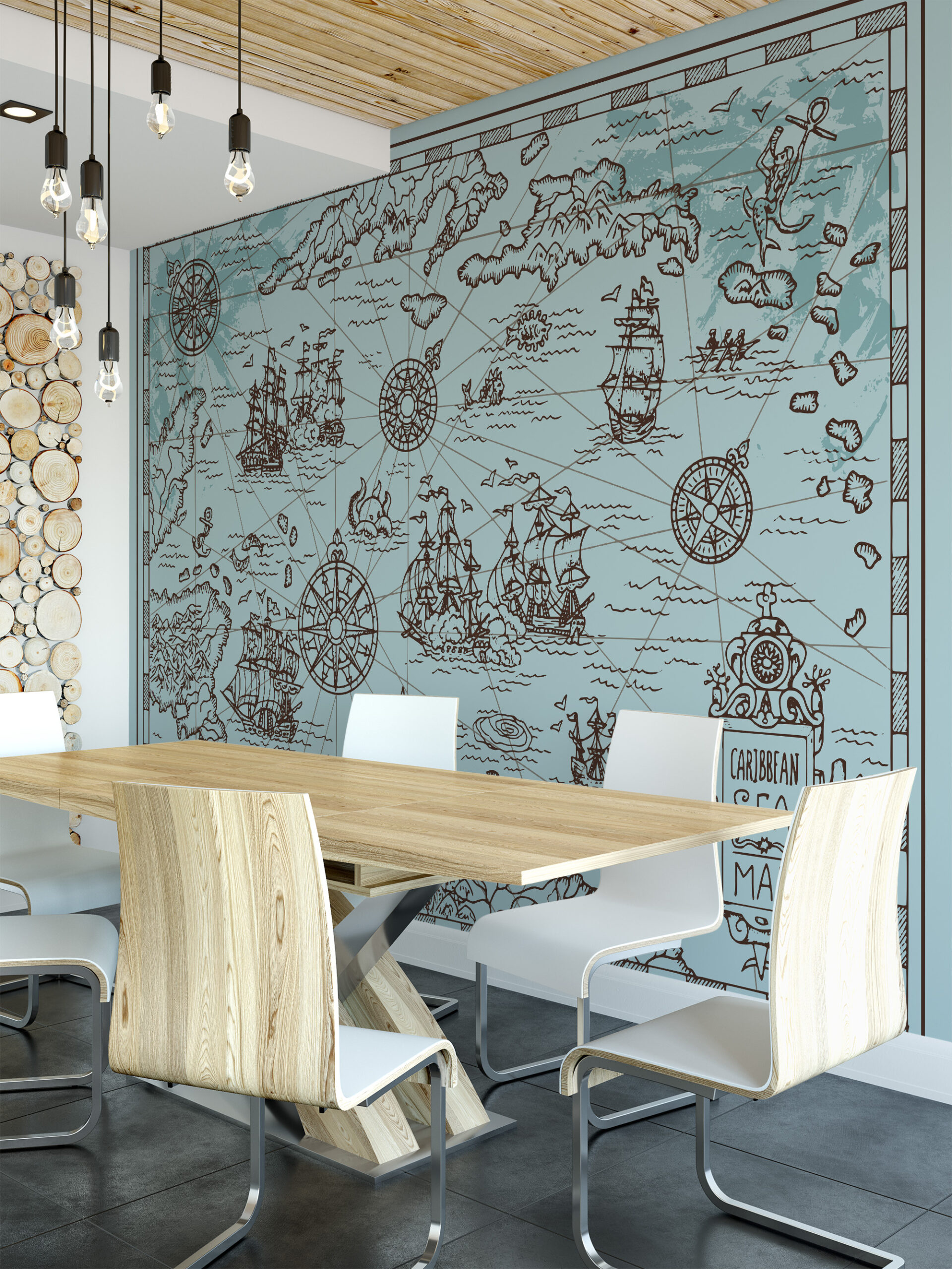 Modern Vintage Caribbean Sea Map Peel and Stick Wallpaper, Nautical Blue Line Art Office Wall Mural