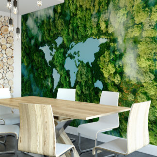 Modern Forest World Map Peel and Stick Wallpaper, Lush Green Global Nature Bathroom Wall Mural