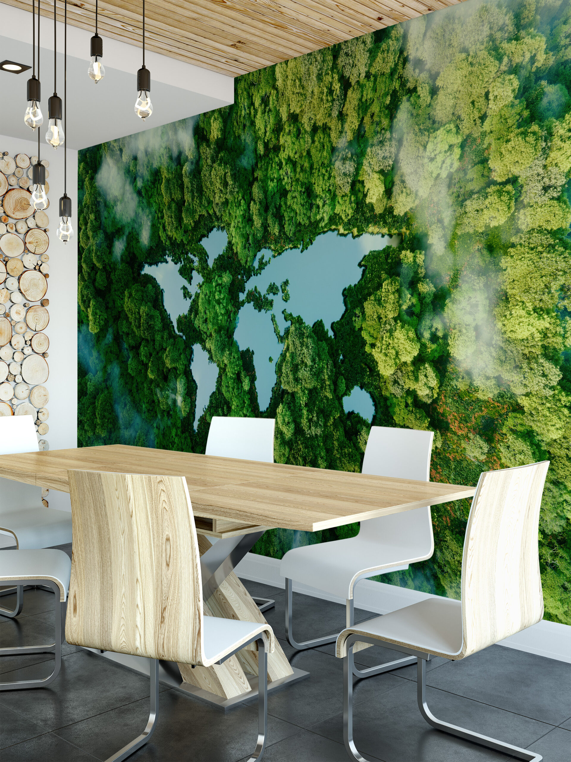 Modern Forest World Map Peel and Stick Wallpaper, Lush Green Global Nature Bathroom Wall Mural