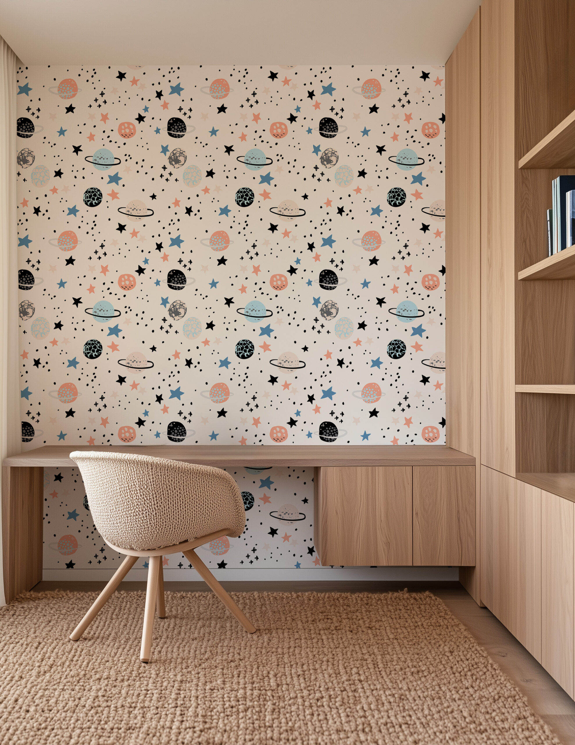 Modern Galaxy and Space Planets Kids Peel and Stick Wallpaper, Minimalist Starry Night Nursery Wall Mural