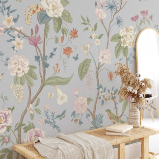 Vintage Chinoiserie Botanical Birds and Butterflies Peel and Stick Wallpaper, Light Blue Floral Wall Mural, Elegant Garden Nature Decor