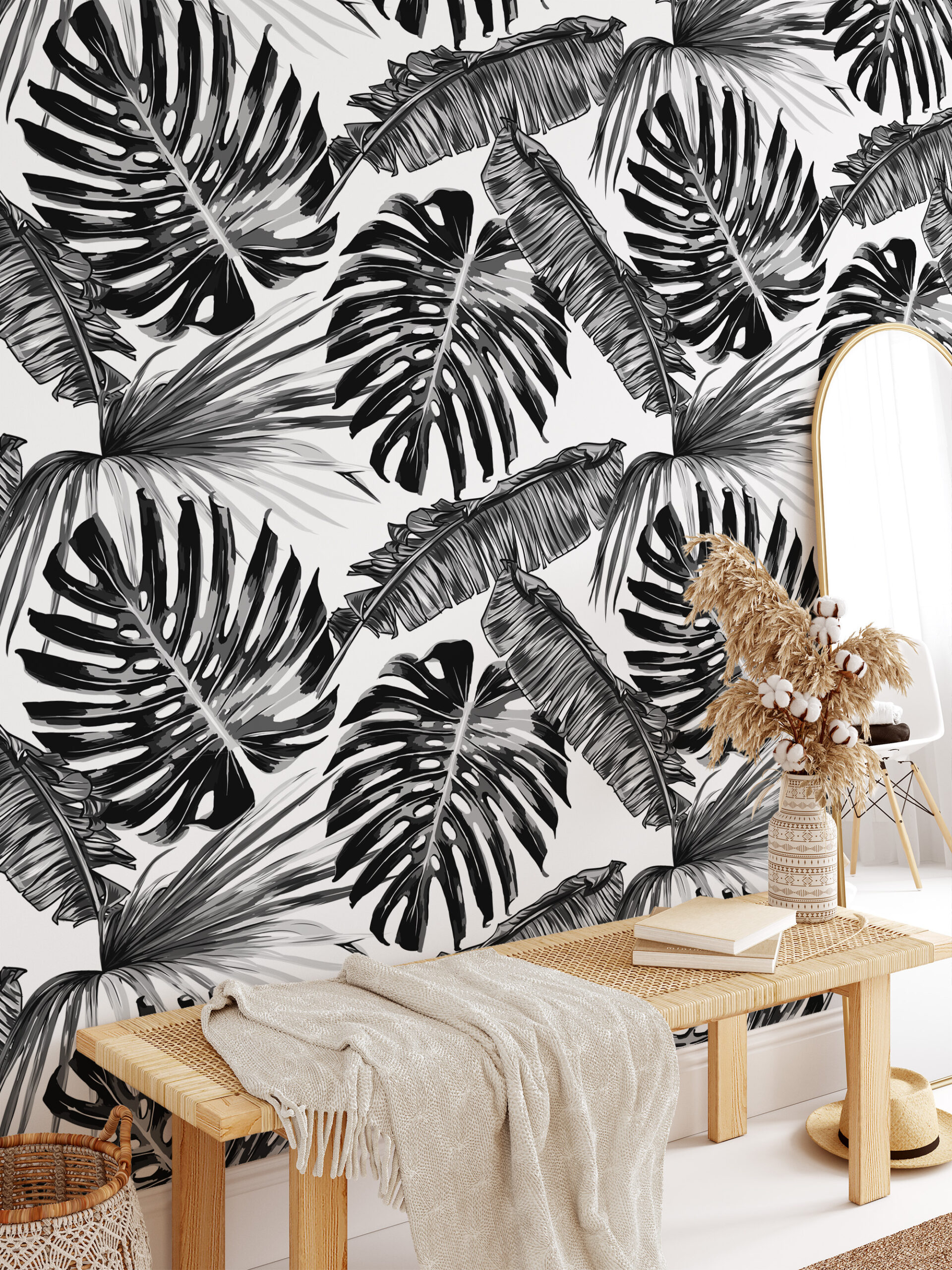Modern Black and White Monstera and Palm Leaf Peel and Stick Wallpaper, Monochrome Tropical Wall Mural