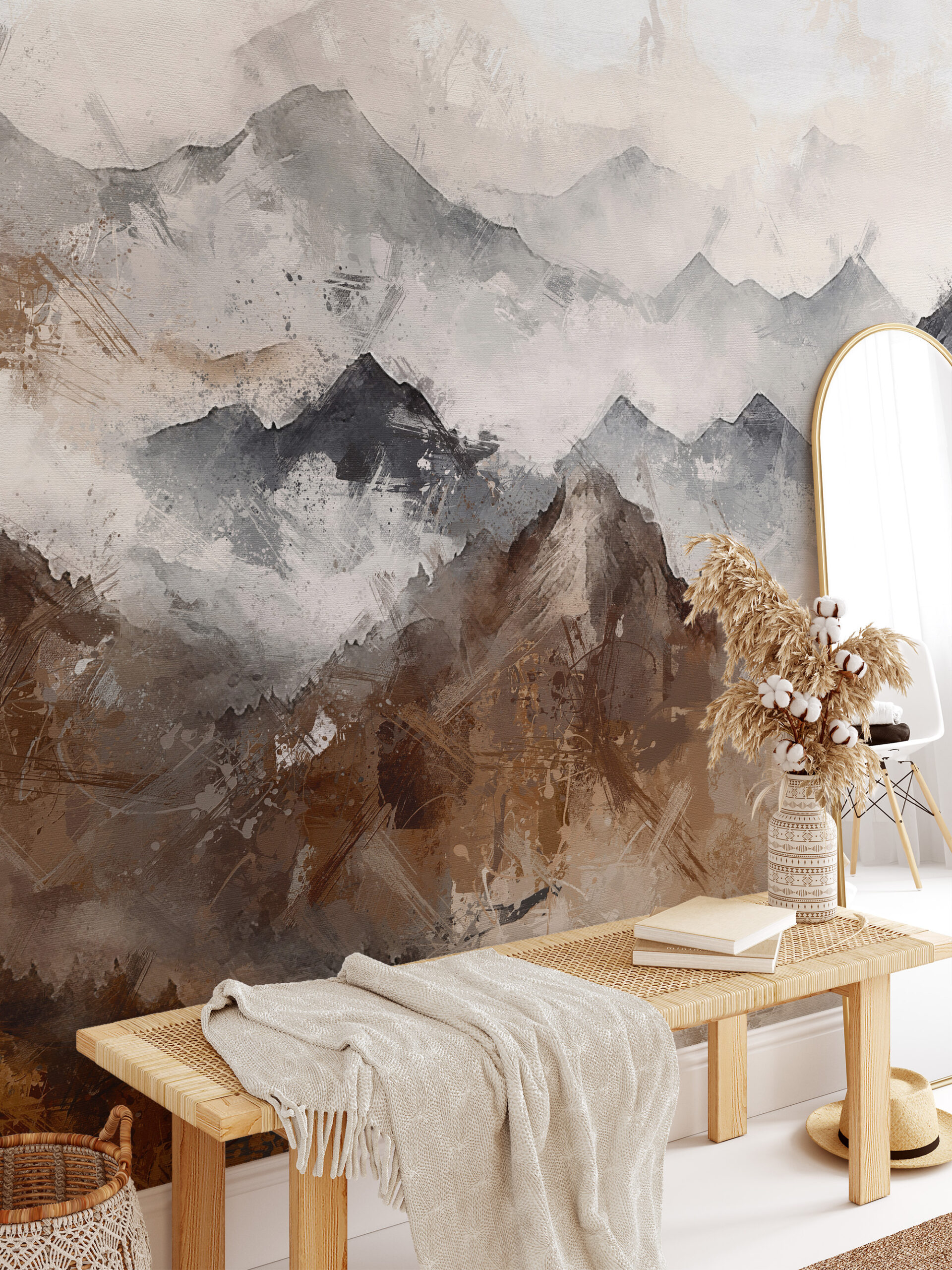Modern Abstract Earthy Mountain Watercolor Peel and Stick Wallpaper, Rustic Brown and Grey Wall Mural