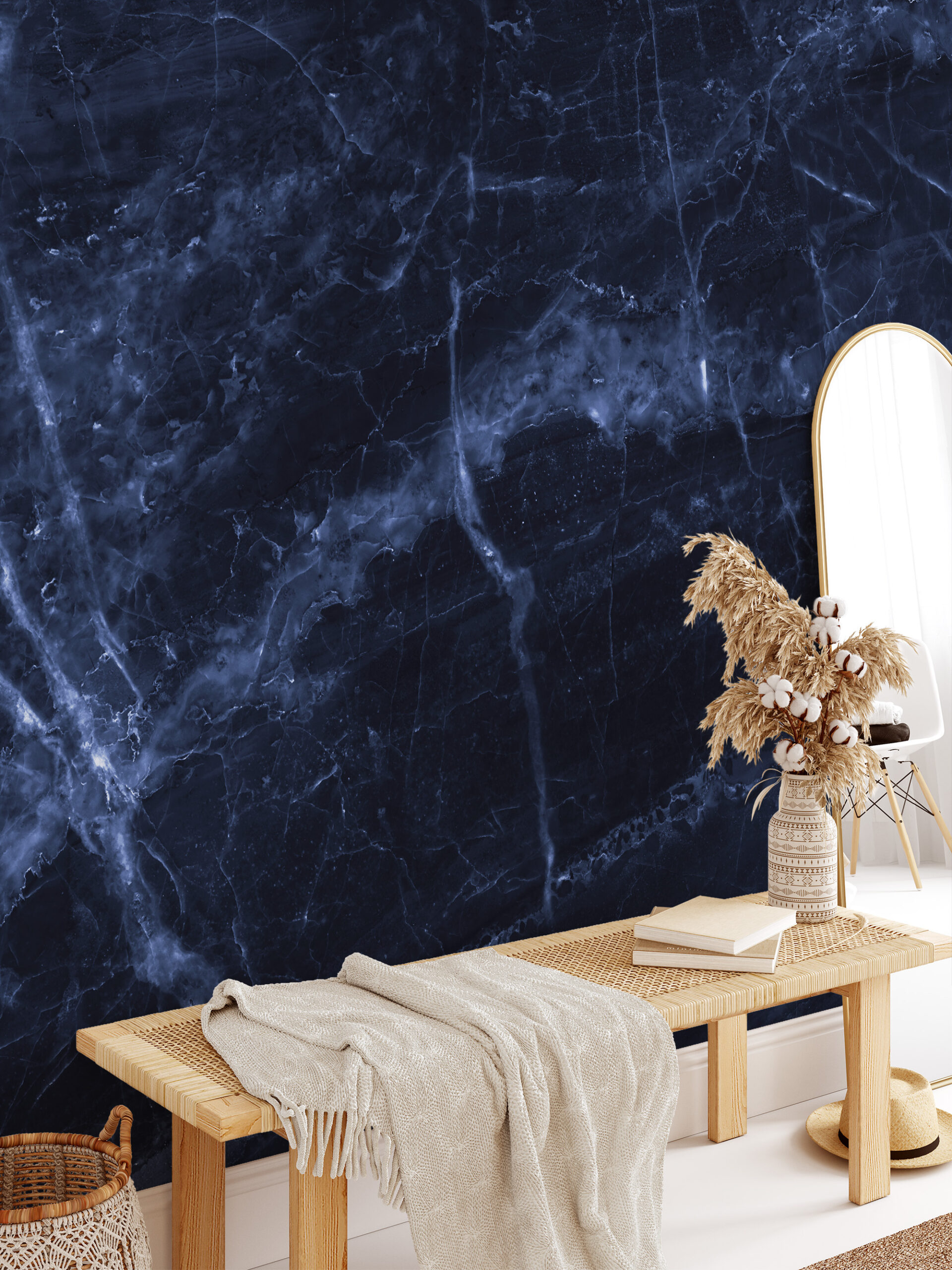 Deep Midnight Navy Marble Peel and Stick Wallpaper, Luxury Dark Blue Stone Wall Mural, Sophisticated Living Room Decor