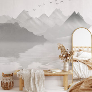 Modern Misty Mountain Lake Peel and Stick Wallpaper, Serene Sepia Nature Living Room Wall Mural