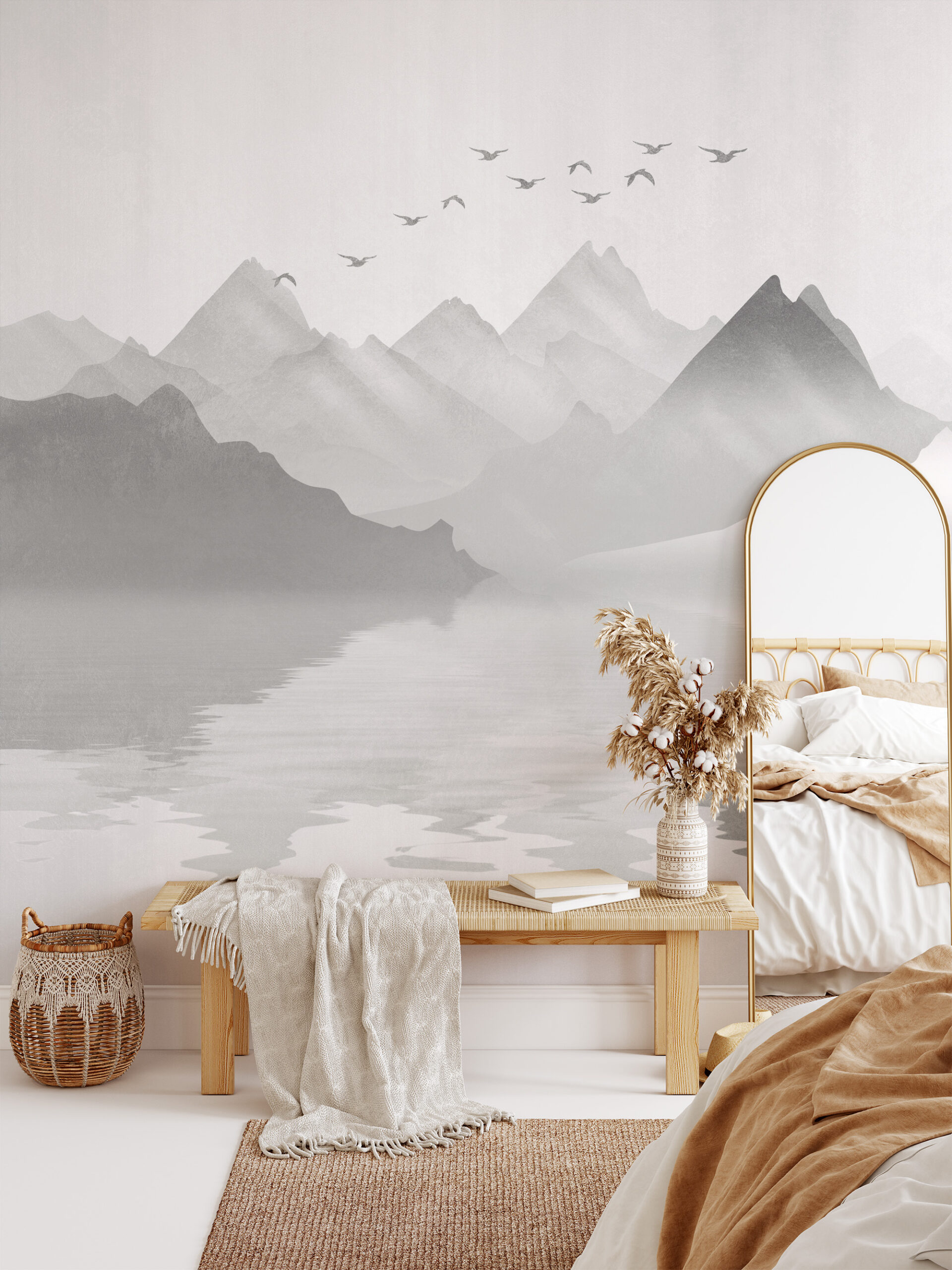 Modern Misty Mountain Lake Peel and Stick Wallpaper, Serene Sepia Nature Living Room Wall Mural