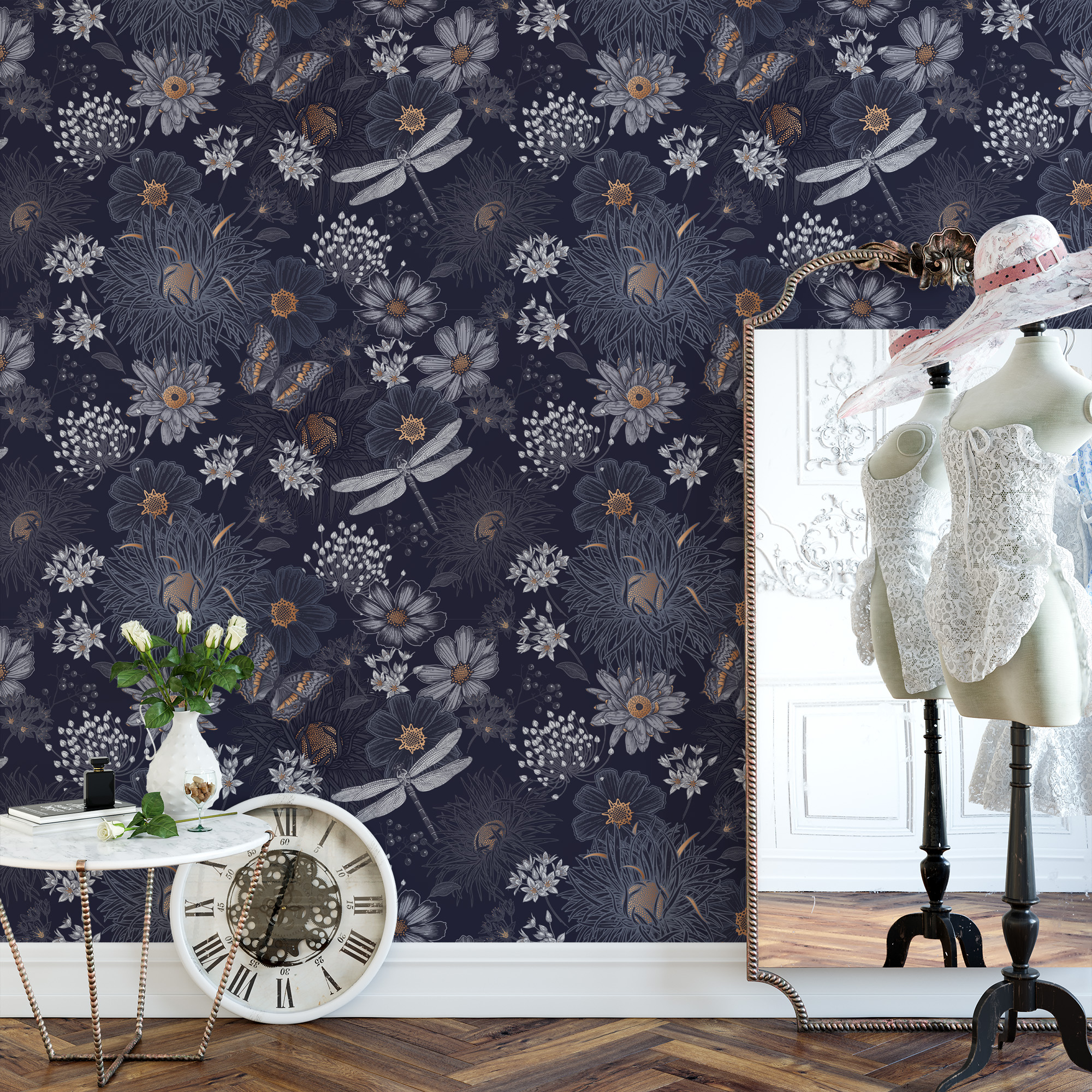 Moody Navy Butterfly and Dragonfly Peel and Stick Wallpaper, Mystical Dark Floral Wall Mural, Vintage Botanical Living Room Decor