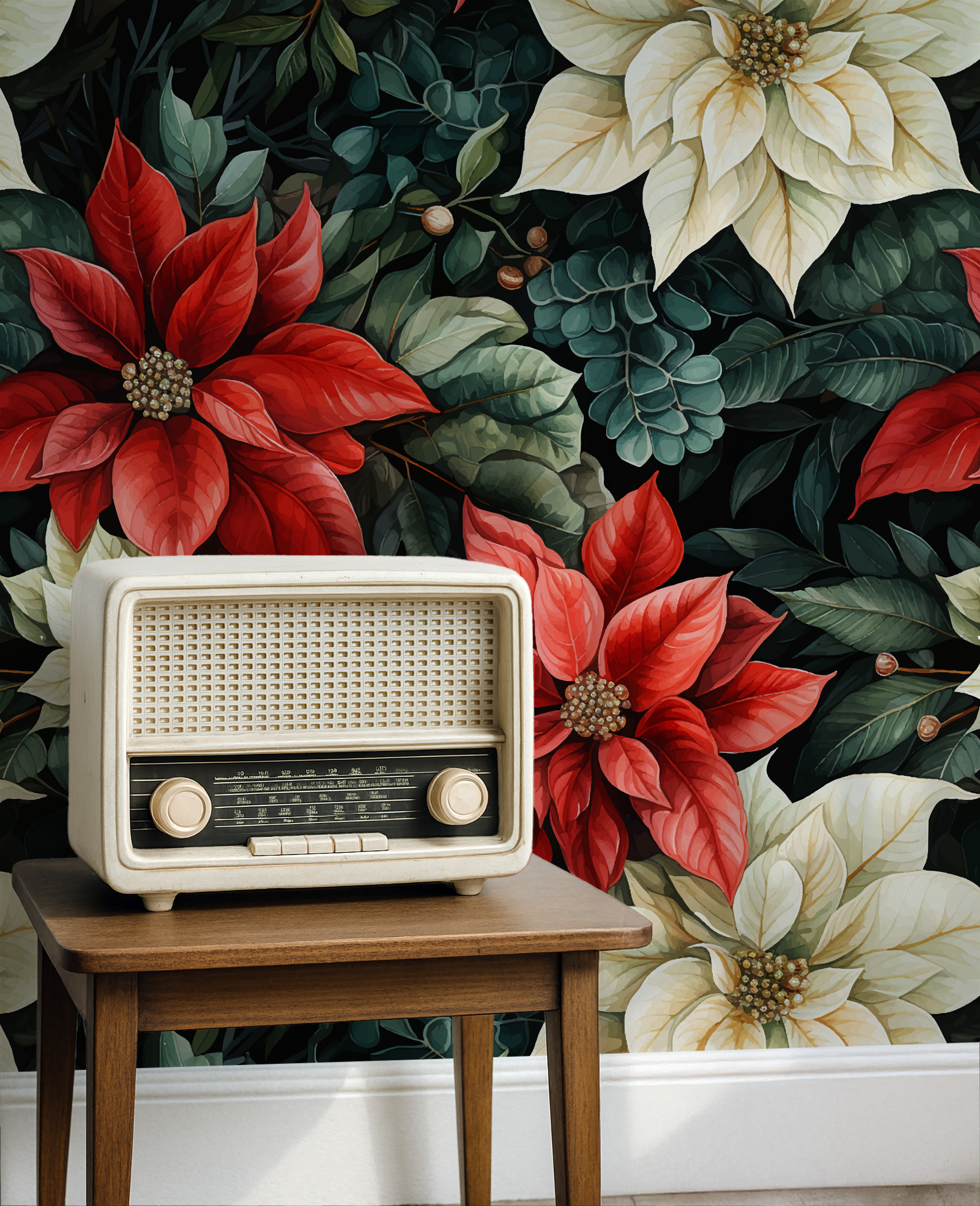 Moody Red and White Poinsettia Peel and Stick Wallpaper, Dark Winter Botanical Wall Mural, Bold Floral Entryway Decor