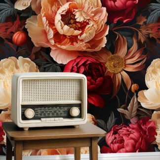 Moody Dark Peony Peel and Stick Wallpaper, Large Red and Cream Floral Wall Mural, Vintage Romantic Botanical Decor