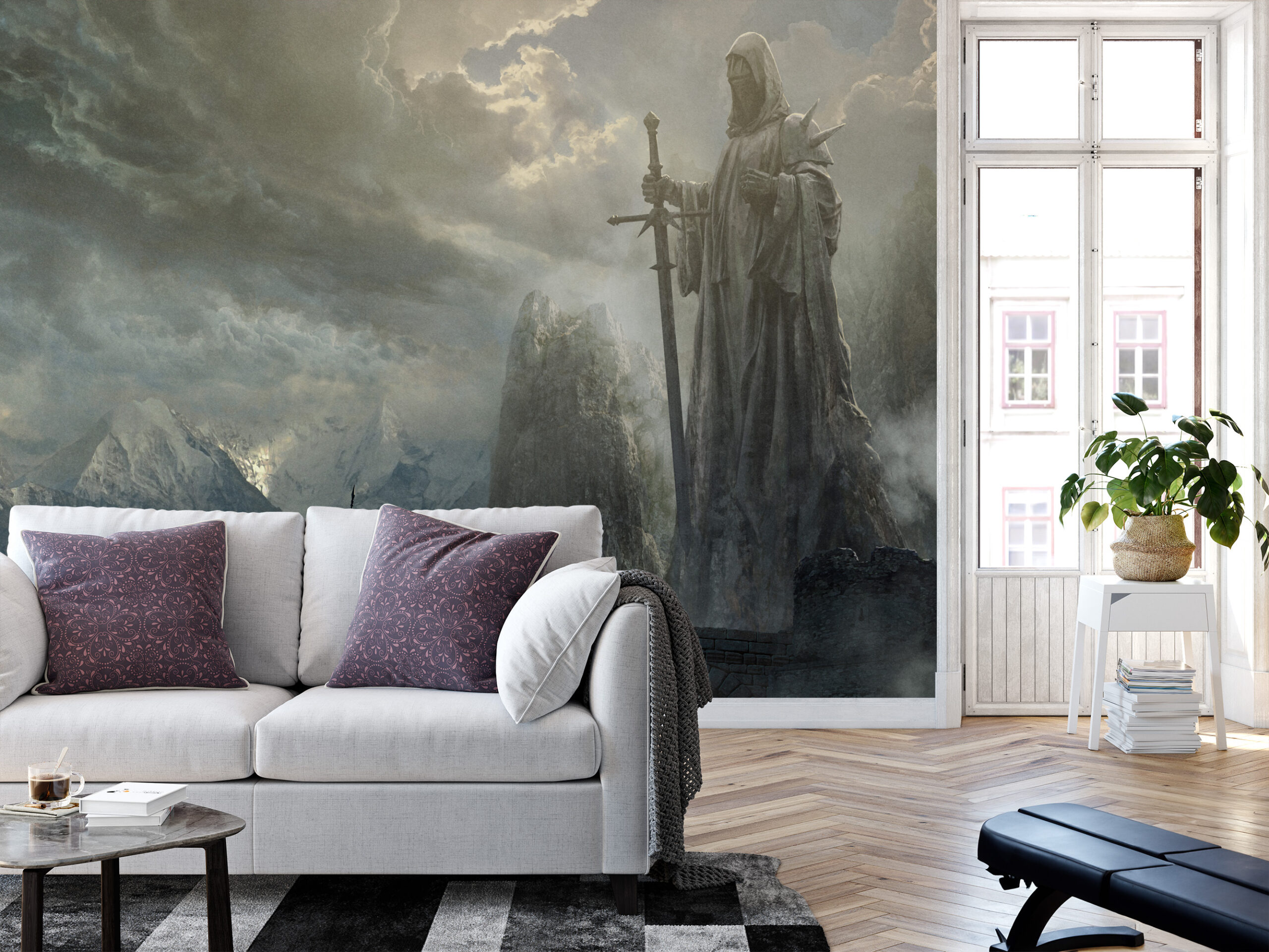 Modern Epic Fantasy Knight and Mountain Peel and Stick Wallpaper, Dramatic Adventure Bedroom Wall Mural