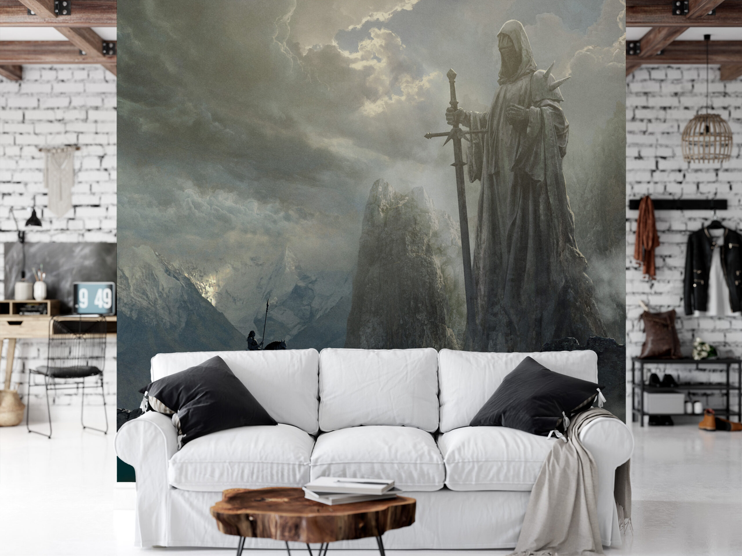Modern Epic Fantasy Knight and Mountain Peel and Stick Wallpaper, Dramatic Adventure Bedroom Wall Mural