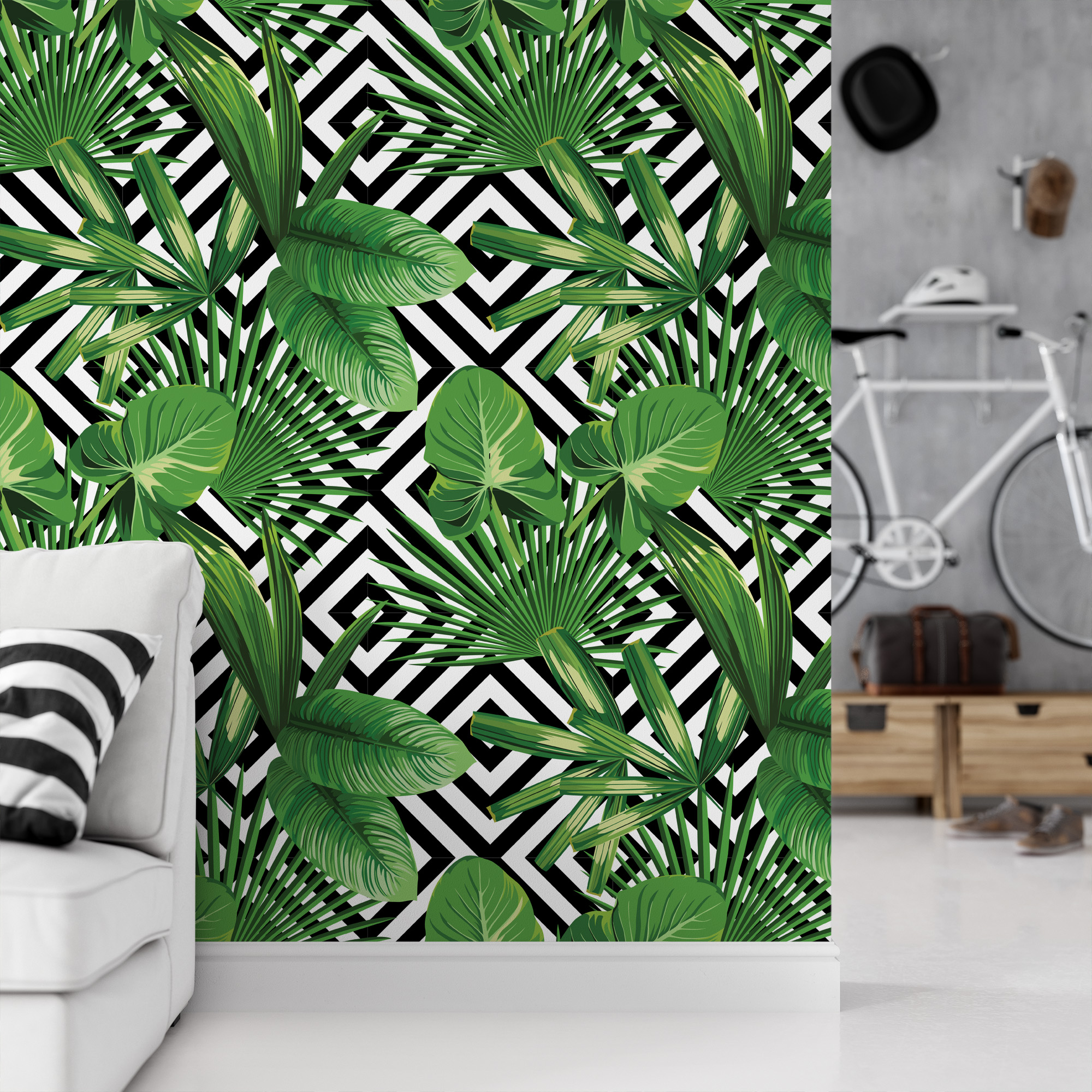 Modern Tropical Green Leaves and Geometric Diamond Peel and Stick Wallpaper, Bold Botanical Wall Mural