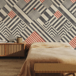 Bauhaus Inspired Geometric Peel and Stick Wallpaper, Bold Orange and Charcoal Abstract Wall Mural, Modern Mid-Century Room Decor