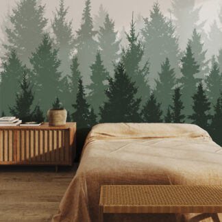 Misty Pine Forest Silhouette Peel and Stick Wallpaper, Serene Green and Grey Nature Bathroom Wall Mural